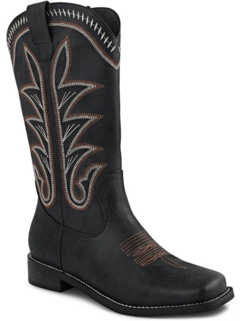 Women's Black Square Toe Mid Calf Chunky Heel Classic Fall Western Cowgirl Boots